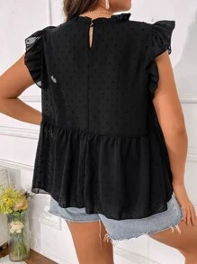 SHEIN Holidaya 大碼圓點荷葉邊花邊下擺上衣 - 黑色 - 查看 2