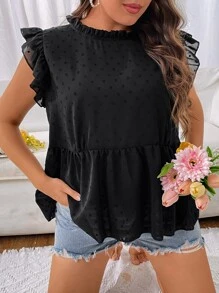 SHEIN Holidaya 大碼圓點荷葉邊花邊下擺上衣 - 黑色 - 查看 5