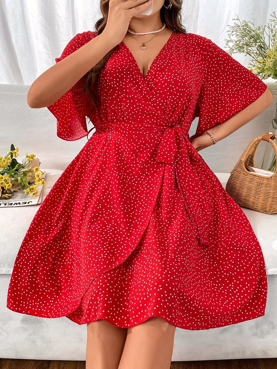 Breezaya Đầm Plus Size Thắt lưng Trọn gói Chấm bi Boho - Đỏ - Xem 1