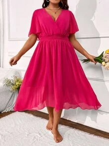 SHEIN Clasi Plus Butterfly Sleeve Overlap Collar Dress - Hot Pink - View 3