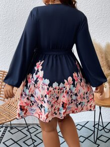 SHEIN Clasi Plus Floral Print Lantern Sleeve Belted Dress - Multicolor - View 2