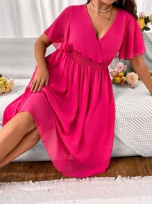 SHEIN Clasi Plus Butterfly Sleeve Overlap Collar Dress - Hot Pink - View 5