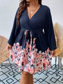 SHEIN Clasi Plus Floral Print Lantern Sleeve Belted Dress - Multicolor - View 5