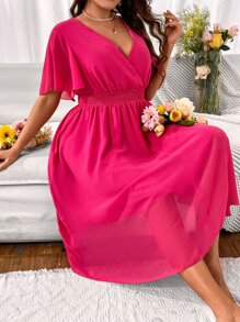 SHEIN Clasi Plus Butterfly Sleeve Overlap Collar Dress - Hot Pink - View 7