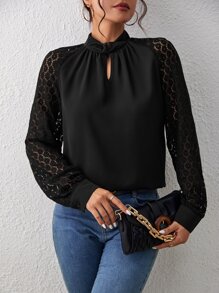 SHEIN Frenchy Contrast Lace Twist Front Keyhole Neckline Raglan Sleeve Blouse - Black - View 4