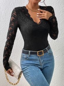 SHEIN Frenchy Contrast Lace Scallop Trim Lace Bodysuit Winter Elegant Black