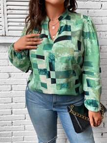 SHEIN LUNE Plus Allover Print Notched Neckline Lantern Sleeve Blouse