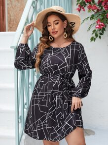 SHEIN LUNE Vestido con cinturón con estampado geométrico de manga farol - Blanco y Negro - Ver 1