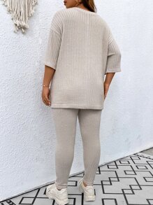 SHEIN LUNE Bộ thời trang Plus Size Gân đan màu trơn Giải trí - Màu Xám nhạt - Xem 2