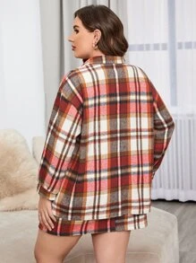 SHEIN LUNE Plus Plaid Print Drop Shoulder Flap Pocket Coat & Skirt - Multicolor - View 2