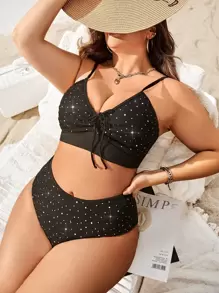 SHEIN Swim Curve Bộ bikini sequin tương phản cỡ lớn, áo ngực không dây rút & quần bikini cạp cao, bộ đồ bơi 2 mảnh, cho kỳ nghỉ hè ở bãi biển - màu đen - Xem 1