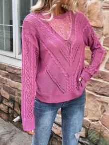 SHEIN Essnce Lace Panel Drop Shoulder Jumper - Hot Pink - View 6