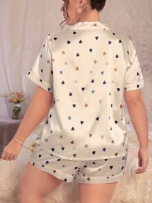 Plus Heart Print Contrast Piping Satin PJ Set - White - View 2