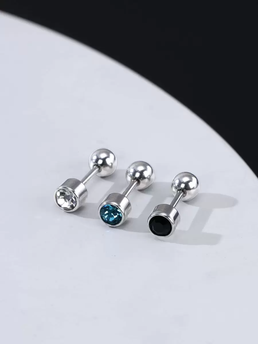 時尚流行3入組男士水鑽裝飾耳釘不銹鋼適合珠寶禮物和時尚外觀