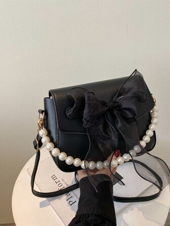 Argyle Princess Faux Pearl & Rhinestone Pearl Chain & Decor Mini Bow & Faux Pearl Decor Flap Square Bag For Party, Wedding, Prom And Dinner, Lipsticks, Women's Pearl Bag, Bow Purse For Women