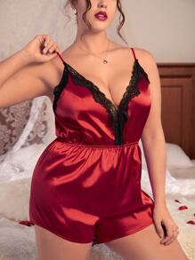 Plus Contrast Lace Satin Cami Sleep Romper - Burgundy - View 2