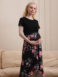 Maternity Floral Print High Low Hem Dress - Multicolor - View 1