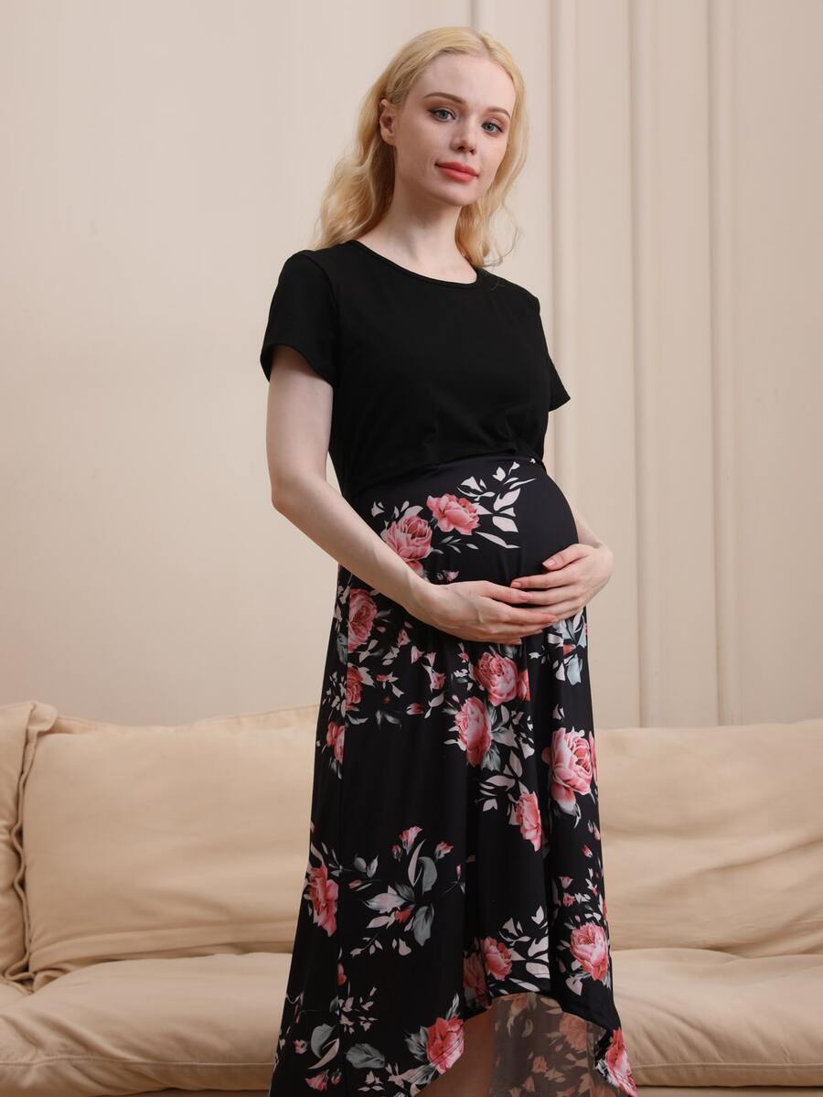 Maternity Floral Print High Low Hem Dress - Multicolor - View 1
