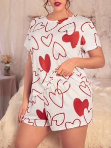 Plus Heart Print Tee & Shorts PJ Set - Red and White - View 4