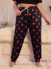 Plus Heart Print Tie Front Pajama Sleep Pants, For Fall & Winter, Cozy