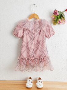 Niñitas Vestido con estampado de cuadros de malla en contraste bajo con fruncido - Rosa - Ver 2