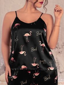 Plus Flamingo Print Satin PJ Set - Black - View 3