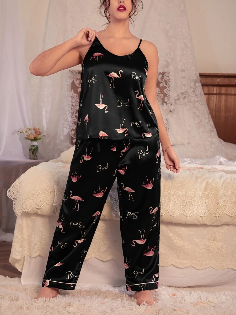 Plus Flamingo Print Satin PJ Set - Black - View 1