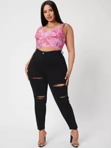 SHEIN SXY Plus Ripped Skinny Jeans - Black - View 1