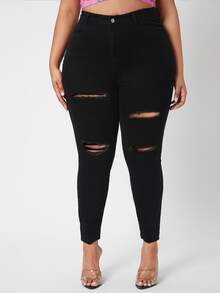 SHEIN SXY Plus Ripped Skinny Jeans - Black - View 4