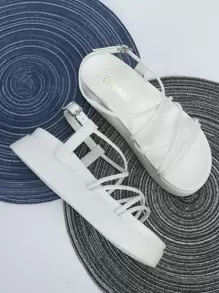 Criss Cross Flatform Slingback Sandals, White Fashionable Buckled Solid Color Wedge Sandals,Spring Summer Outfits - White - View 3
