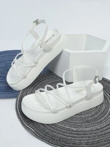 Criss Cross Flatform Slingback Sandals, White Fashionable Buckled Solid Color Wedge Sandals,Spring Summer Outfits - White - View 5