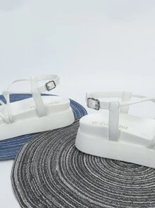 Criss Cross Flatform Slingback Sandals, White Fashionable Buckled Solid Color Wedge Sandals,Spring Summer Outfits - White - View 6