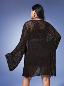 ROMWE Goth 大碼鏤空針織開襟衫 - 巧克力棕 - 查看 2