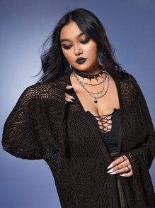 ROMWE Goth 大碼鏤空針織開襟衫 - 巧克力棕 - 查看 6