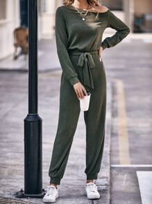 SHEIN LUNE Ribbed Knit Asymmetrical Neck Belted Jumpsuit - Army Green - View 1