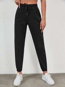 EURMUSE Drawstring Waist Slant Pocket Joggers - Black - View 3