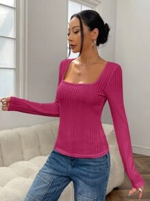 Muchica 女士纯色方领长袖休闲罗纹T恤 - 玫紅色 - 查看 4