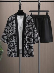 Manfinity Men's Paisley Print Loose Kimono & Drawstring Waist Shorts Set (Top Without Tee) - Black - View 1