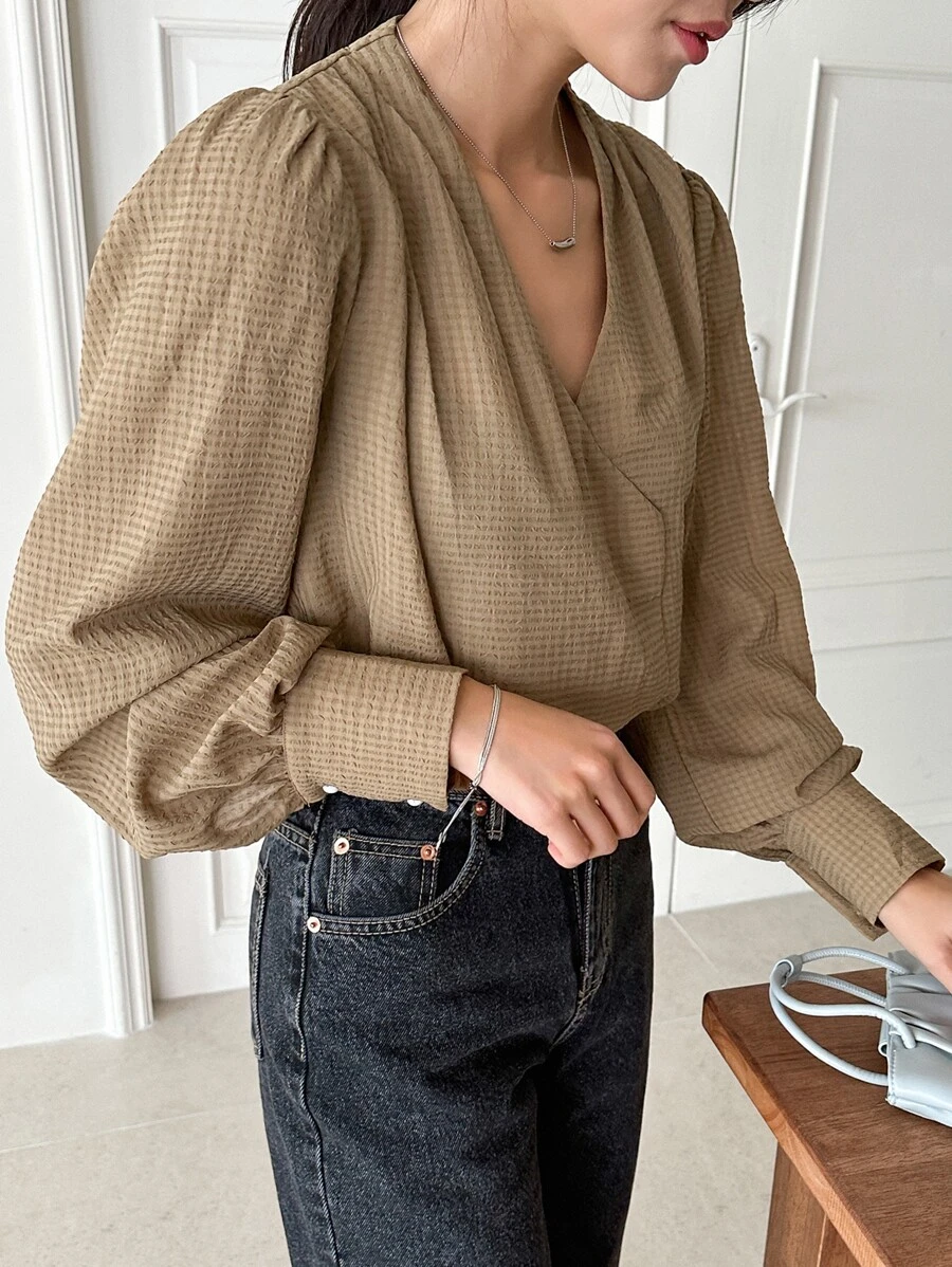 DAZY Surplice Neck Lantern Sleeve Blouse - Khaki - View 1