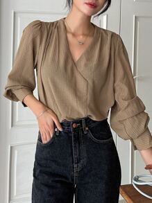 DAZY Surplice Neck Lantern Sleeve Blouse - Khaki - View 6