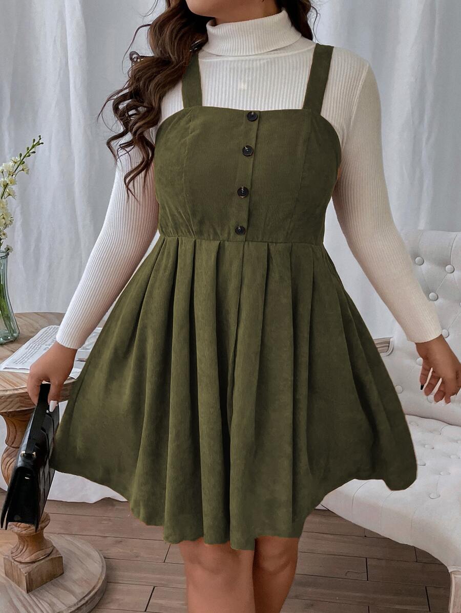 SHEIN LUNE Plus Button Front Corduroy Pinafore Dress Without Jumper - Army Green - View 1