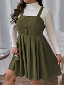 SHEIN LUNE Plus Button Front Corduroy Pinafore Dress Without Jumper - Army Green - View 5