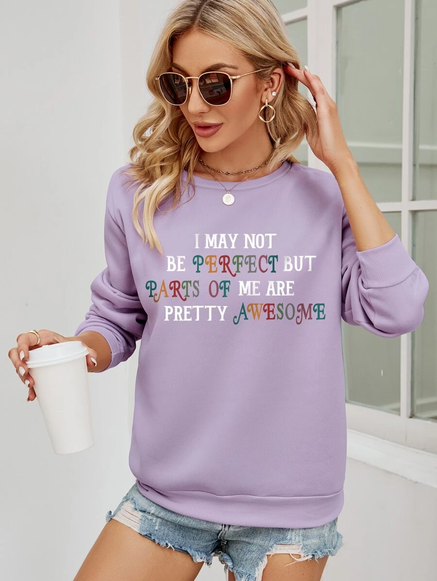 SHEIN LUNE Slogan Graphic Thermal Lined Sweatshirt - Lilac Purple - View 1