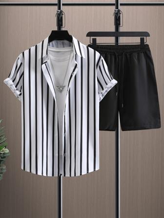 Camisa a rayas y pantalones cortos con cordón en la cintura sin camiseta, color block, para salir, esposo, casual, holográfico para hombres