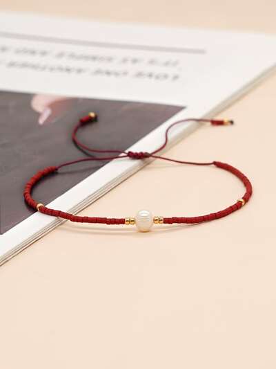 1pc Natural White Baroque Pearl & Beads Adjustable Bracelet