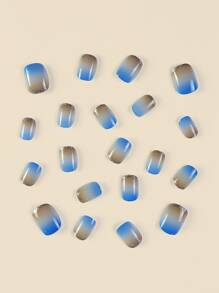 24 Piezas/set Consejos De Uñas De Manicura Francesa Cuadrados Y Cortos Con Diseño De Degradado Azul, Simple Y Elegante, Adecuados Para Mujeres Y Niñas - Multicolor - Ver 3