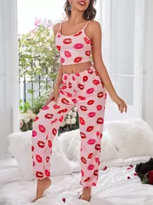 Lip Print Cami Top & Trousers PJ Set - Pink - View 4