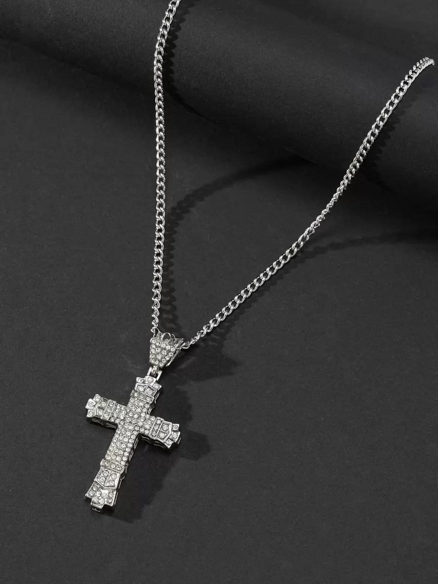 時尚流行男士復古時尚水鑽十字架吊墜項鍊合金，適合珠寶禮物和時尚外觀 - 銀色 - 查看 1