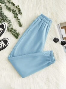 SHEIN PETITE 素色彈性腰帶加絨內裏衛褲 - 淺藍色 - 查看 1