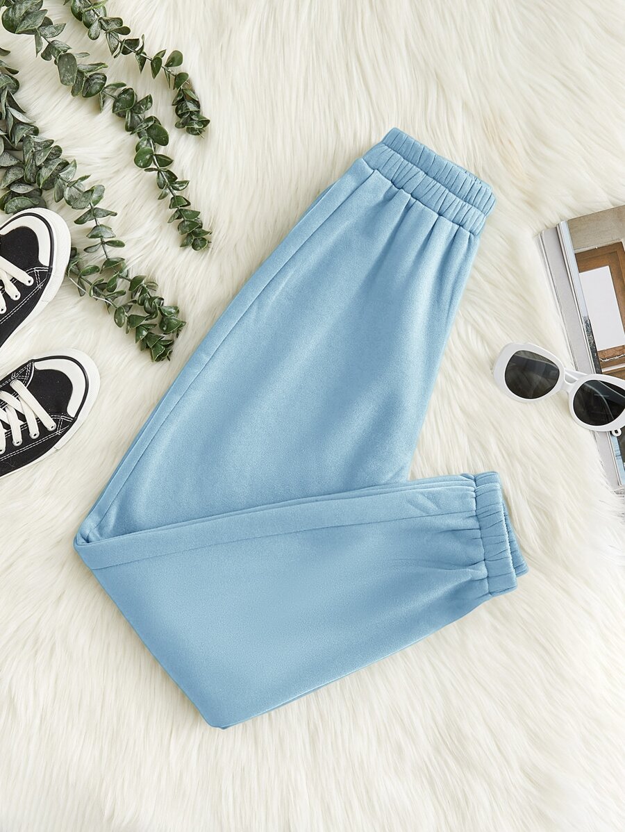 SHEIN PETITE 素色彈性腰帶加絨內裏衛褲 - 淺藍色 - 查看 1